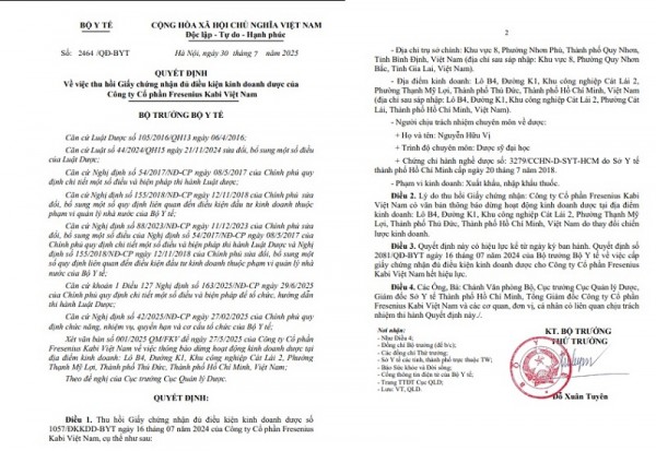 Bộ Y tế thu hồi Giấy chứng nhận đủ điều kiện kinh doanh dược của Fresenius Kabi Việt Nam
