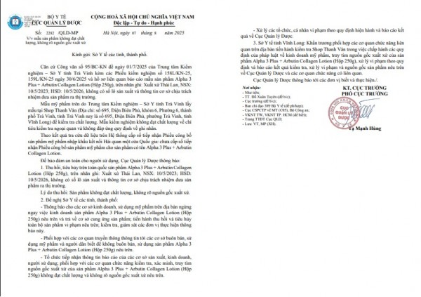 Thu hồi, tiêu hủy trên toàn quốc sản phẩm Alpha 3 Plus + Arbutin Collagen Lotion