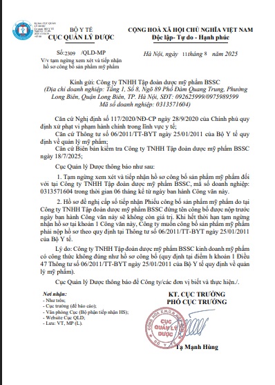 Ngừng tiếp nhận hồ sơ công bố sản phẩm mỹ phẩm của Tập đoàn Dược mỹ phẩm BSSC