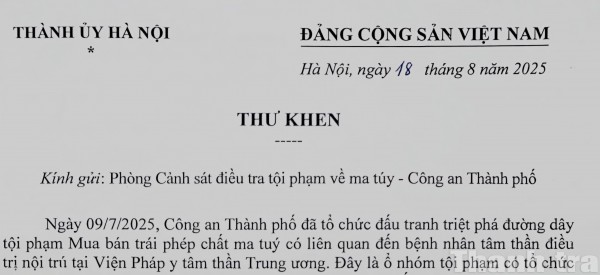 Phá đường dây ma túy 'bệnh nhân tâm thần', Bí thư Hà Nội gửi thư khen công an