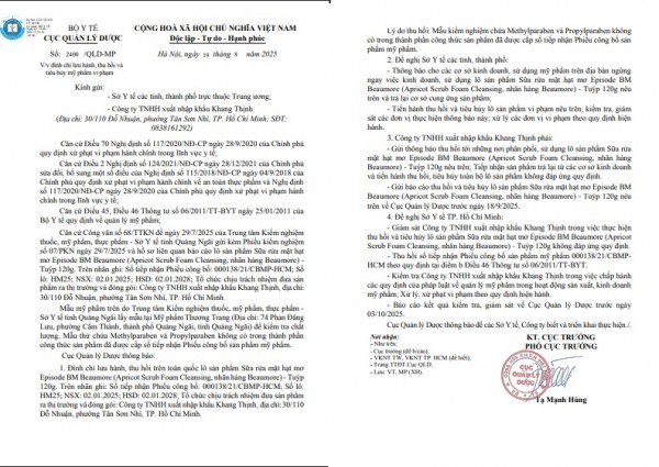 Đình chỉ lưu hành, thu hồi trên toàn quốc lô sản phẩm Sữa rửa mặt hạt mơ Episode BM Beaumore