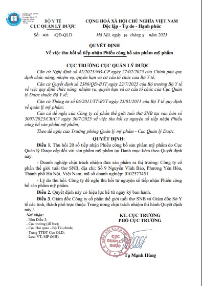 Bộ Y tế thu hồi 20 phiếu công bố tiếp nhận sản phẩm mỹ phẩm của Công ty SNB