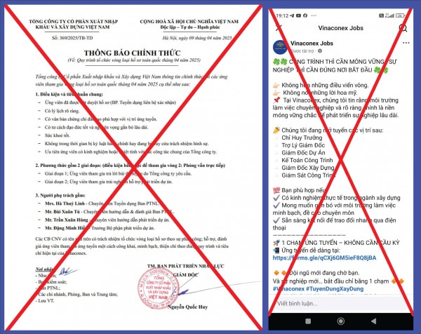 VINACONEX cảnh báo lừa đảo giả mạo thương hiệu