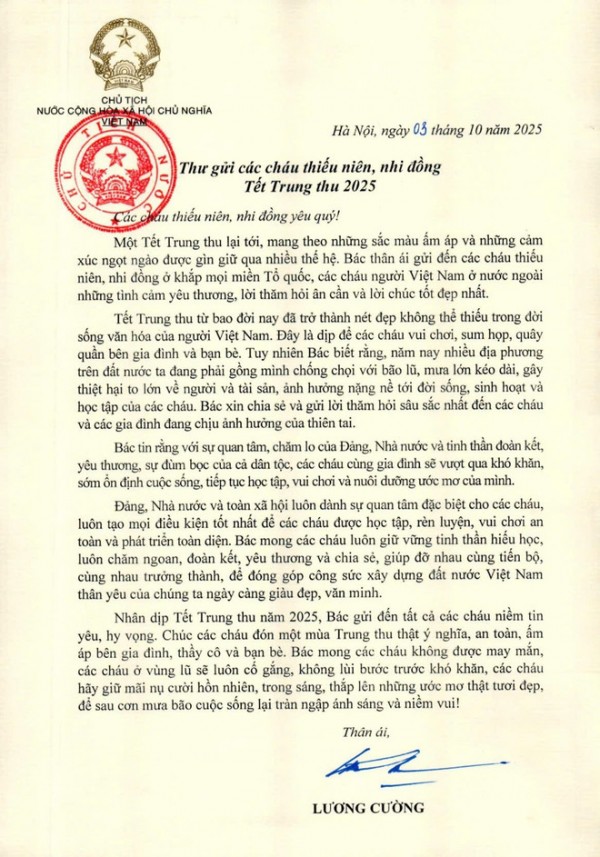 Chủ tịch nước gửi Thư chúc Tết Trung thu 2025 tới các cháu thiếu niên, nhi đồng