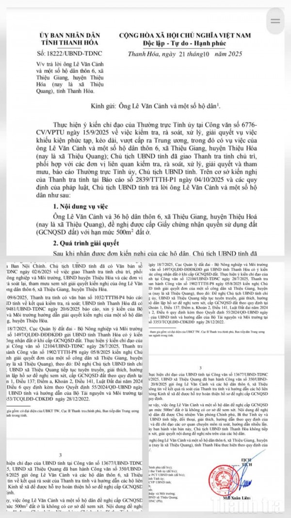 UBND tỉnh Thanh Hóa trả lời kiến nghị của ông Lê Văn Cảnh và một số hộ dân xã Thiệu Quang