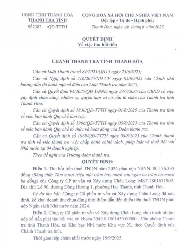 Công ty Châu Long nghiêm túc khắc phục đầy đủ tiền thu hồi sau kết luận thanh tra