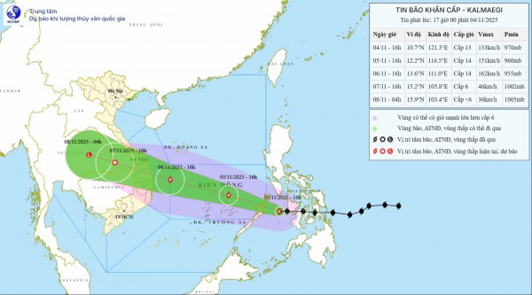 Bão Kalmaegi có khả năng ảnh hưởng trực tiếp khu vực từ Đà Nẵng đến Khánh Hòa khoảng từ đêm ngày 6/11